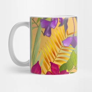 Elegant tropical flowers and leaves pattern purple illustration, yellow tropical pattern over a Mug